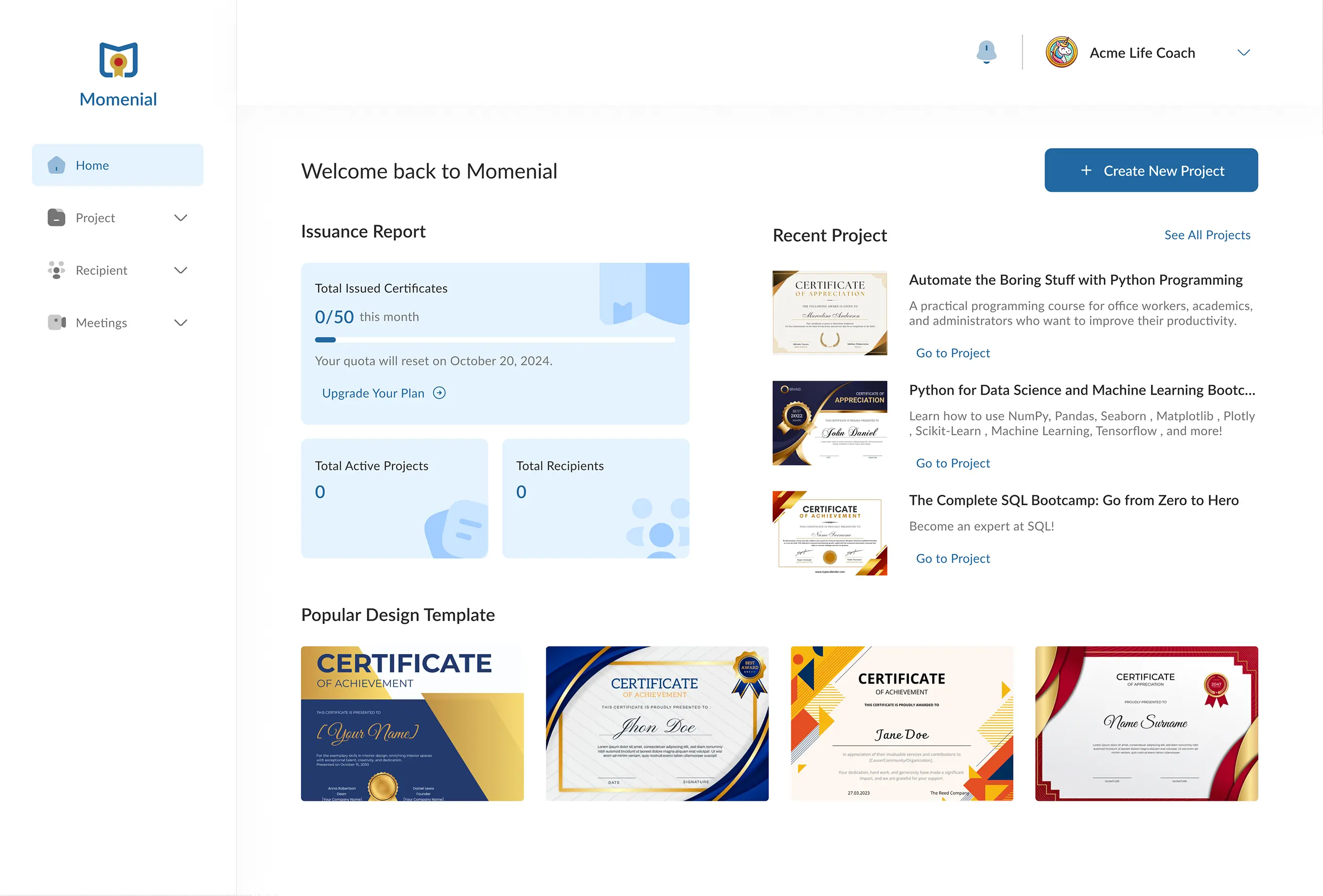 The Momenial dashboard showing issuance quota, recent projects and certificate designs